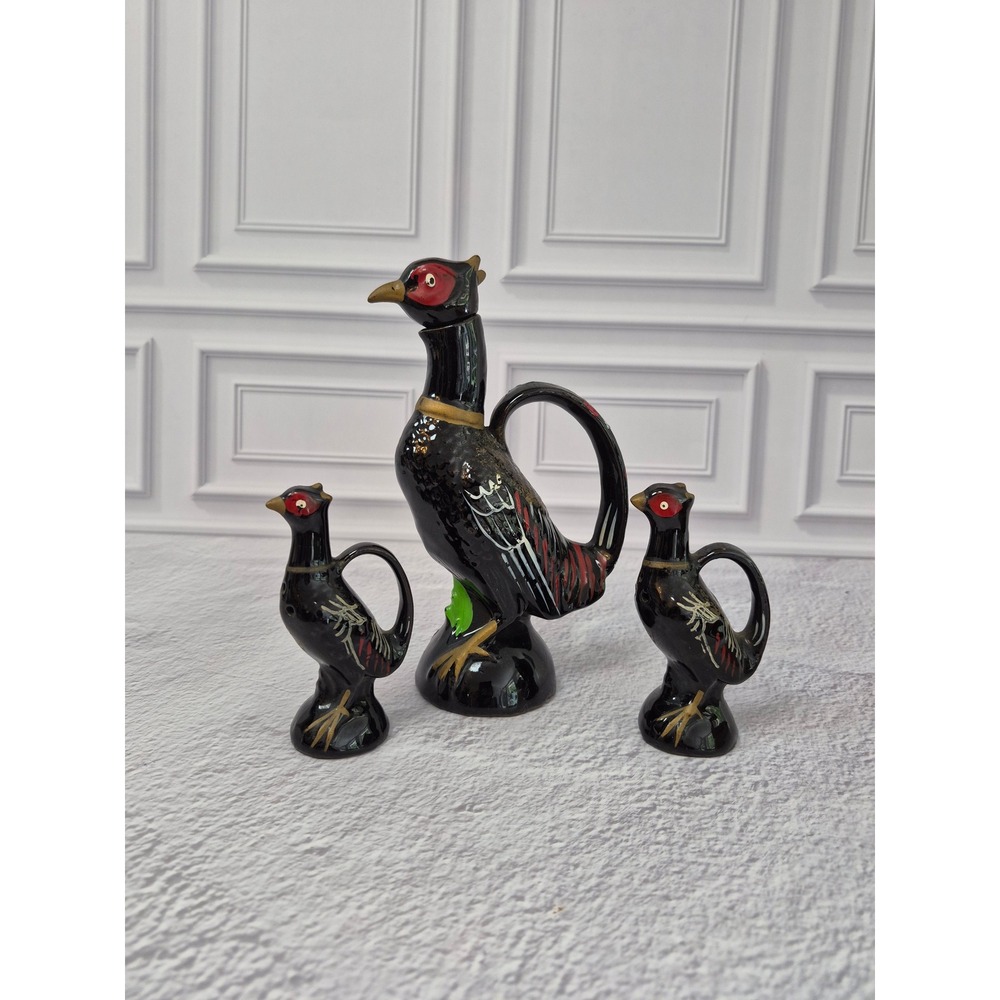 Vintage Japan Ceramic Pheasant Oil Salk Shaker Set Black Bird Remekin